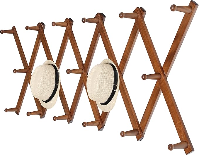 WEBI Accordion Wall Hanger,Expandable Wooden Hat Rack for Wall Mounted Coat Rack,Accordion Hat Hooks Holder for Baseball Caps,17 Peg,Walnut Color