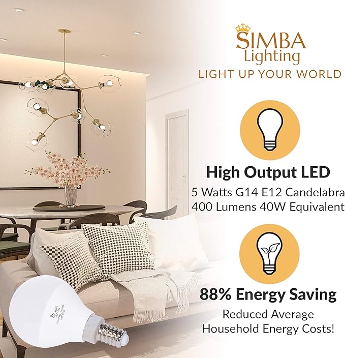 Simba Lighting LED Candelabra E12 Base G14 Small Globe 5W 40W Replacement Light Bulb (6 Pack) for Ceiling Fan, Chandelier, Vanity, Round A15 Frosted White Cover, Non-Dimmable, 3000K Soft White