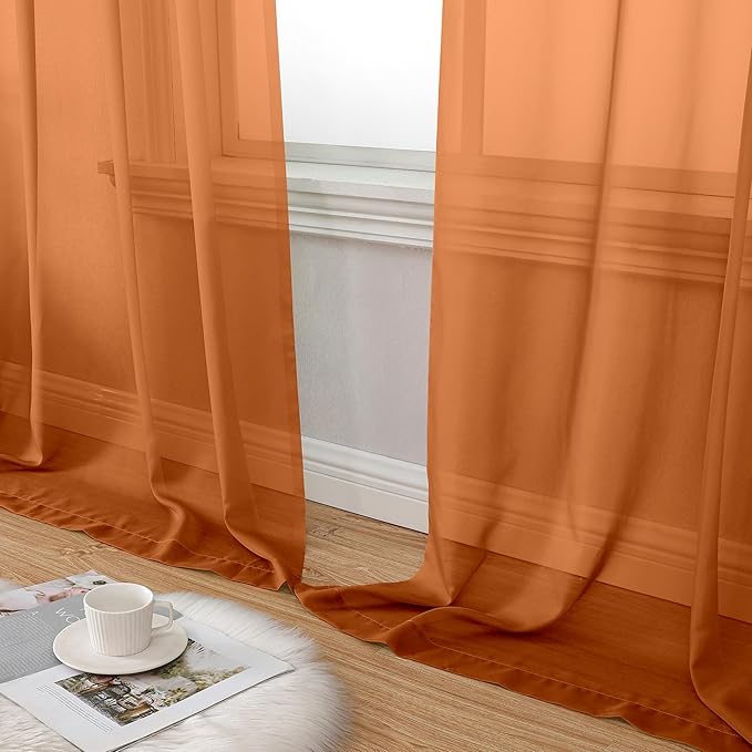 Aiyufeng Orange Sheer Curtains 90 Inches Long 2 Panels Set, Light Filtering Soft Airy Voile Rod Pocket Orange Sheer Window Drapes for Bedroom Living Room, Each 42Wx90L Inches