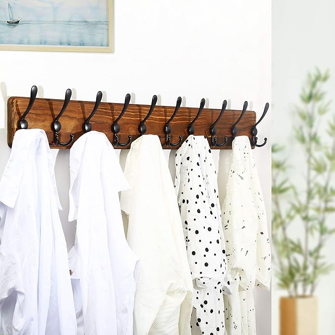 WEBI Wall Mounted Coat Rack, 38 9/16" Long, 10 Hooks, Wood Hanger Rail With Triple Hooks for Hanging Clothes, Jackets - Black/White, 2 Packs