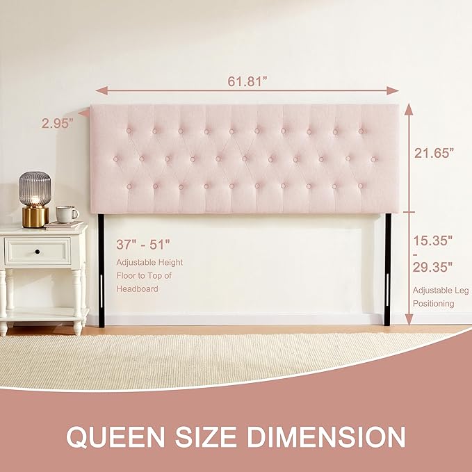 Tufted Upholstered Headboard Queen Size, Solid Wood Head Board with Durable Metal Legs, Adjustable Height Bed headboard from 37” to 51” Fabric Headboard in Modern Button Design, Pink