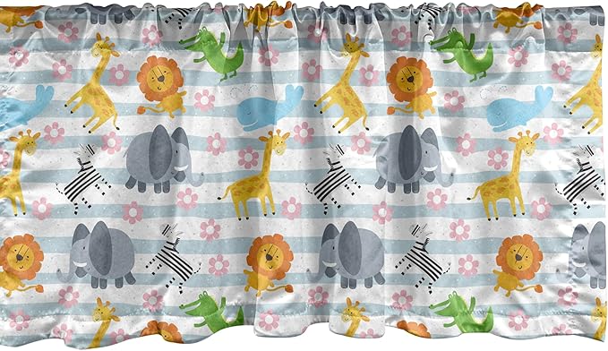 Ambesonne Savannah Window Valance Pack of 2, Friendly Zoo Animals with Happy Faces Cartoon Characters on Stripes Print, Rod Pocket Curtain Valances for Kitchen Bedroom, 42" X 12", Pale Azure Blue