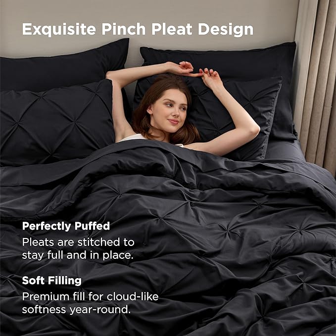 Bedsure King Size Comforter Set Black - Bed in a Bag Bedding Set 7 Pieces, GentleSoft™ Pintuck Bed Set Gift for Family, Pinch Pleat Black Comforter with Sheets, Pillowcases & Shams