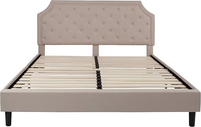 Flash Furniture Brighton Fabric Arched Tufted Upholstered King Size Platform Bed, Modern Low-Profile King Bed Frame with Headboard, Beige