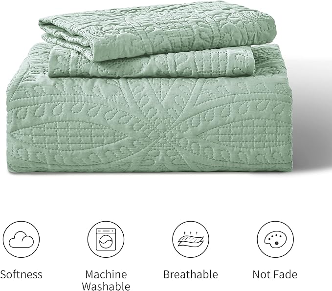 Love's cabin Quilts for Queen Bed Sage Bedspreads - Soft Bed Summer Lightweight Bedspread Comforter - Modern Style Coin Pattern Coverlet for All Season - 3 Pieces (1 Quilt, 2 Pillow Shams)