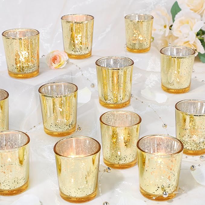Gold Votive Candle Holders Set of 24, Speckled Mercury Candle Holders for Wedding Gold Centerpiece Table Decorations, Tealight Candle Holder for Party Bridal Shower Decor, Home Decor