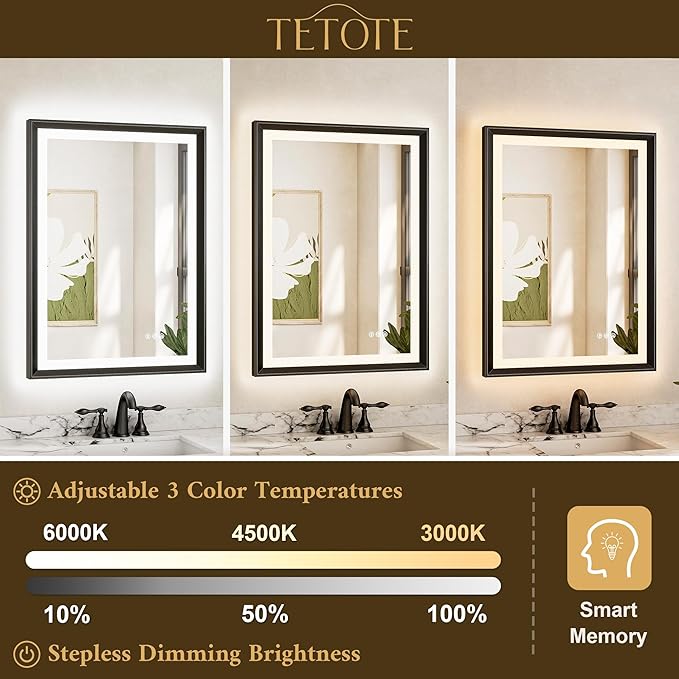 TETOTE 20x28 LED Mirror for Bathroom Black Metal Frame Frontlit & Backlit Lighted Vanity Mirror Baroque Anti Fog Stepless Dimmable White/Warm/Natural,CRI90+,Wall Mounted(Horizontal/Vertical)