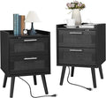 Finnhomy Nightstand with Charging Station, Bedside Table with 2 Hand Made Rattan Decorated Drawers, Night Stand with Storage for Bedroom, Full Black, Set of 2