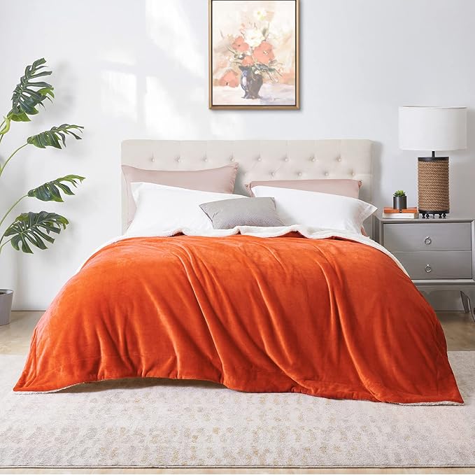 Walensee Sherpa Blanket (Throw Size 60”x80” Orange) Super Soft Fleece Plush Blankets for Bed, Couch, Sofa, Fuzzy Warm Cozy Microfiber Flannel Lightweight Throw Blanket for Adults, Man, Woman