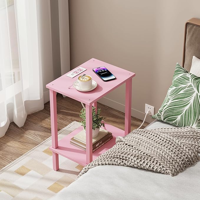 TUTOTAK End Table with Charging Station, Small Side Table with Outlets, Nightstand Bedside Table, 2-Tier Storage Shelf for Small Space, Living Room, Bedroom, Pink TB01BP040
