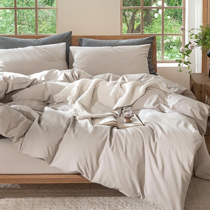 MooMee Bedding Duvet Cover Set 100% Washed Cotton Linen Like Textured Breathable Durable Soft Comfy (Solid Light Tan, Oversized Queen 98"x98")