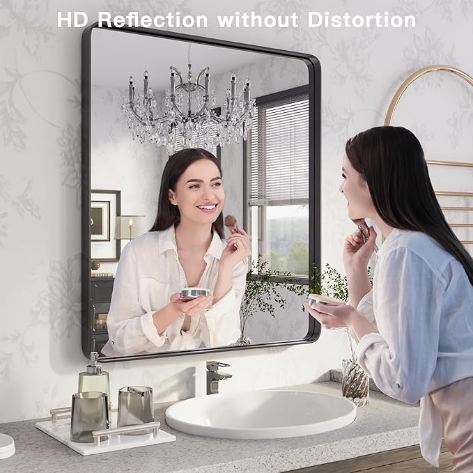 ISKM Black Framed Mirror for Bathroom 24" x 36" Decorative Rectangular Wall Mounted Mirror Best for Washroom, Bedroom, Living Room