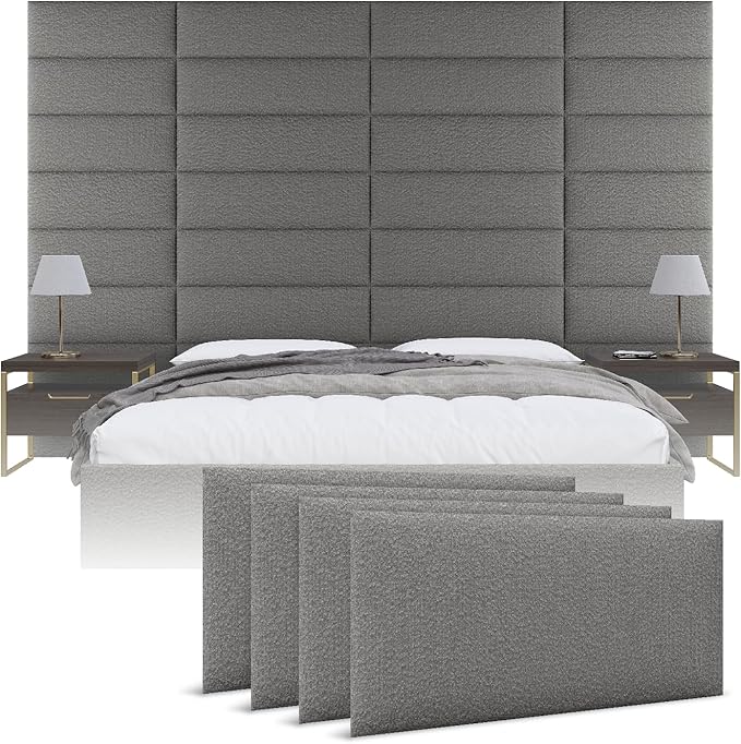 Vänt Upholstered Wall Panels - Queen/Full Size Wall Mounted Headboards - Boucle Grey - Set of 4 Panels (Each Individual Panel 30"x11.5")