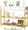 Ecoprsio 47'' Entryway Table with Outlets and USB Ports, Console Table with 3 Drawers, Sofa Table Narrow Long with Storage Shelves for Living Room, Couch, Hallway, Foyer, White and Golden