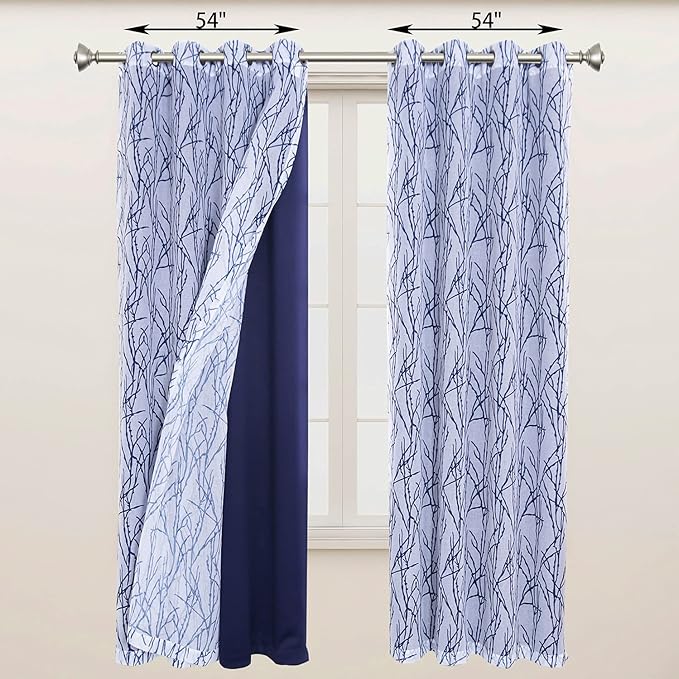 BONZER Mix and Match Curtains - 2 Pieces Branch Print Sheer Curtains and 2 Pieces Blackout Curtains for Bedroom Living Room Grommet Window Drapes, 54x84 Inch/Panel, Indigo, Set of 4 Panels