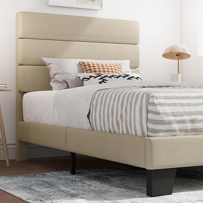 SHA CERLIN Twin Platform Bed Frame with Upholstered Fabric Headboard, Mattress Foundation with Strong Wooden Slats Support, No Box Spring Needed, Beige