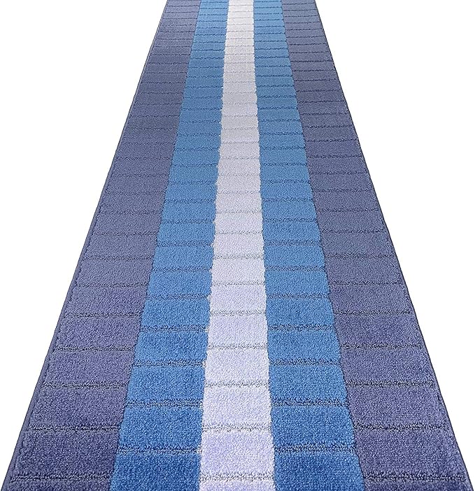 Custom Size Coastal Nautical Style Runner Rug Carpet for Hallway Entryway, Slip Resistant Latex Rubber Backed, 31 inch Wide X Customized Length, Squares Blue, 31 inch X 25 feet