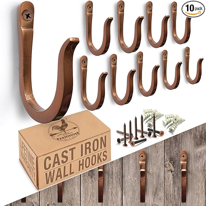 Antique Copper Railroad Spike Cast Iron Hooks (10 Pack) Handmade Blacksmith, Wall Mounted Decorative Hooks, PowderCoated for Interior or Exterior Use, Rust Proof for Hanging Coats, Bags or Pots