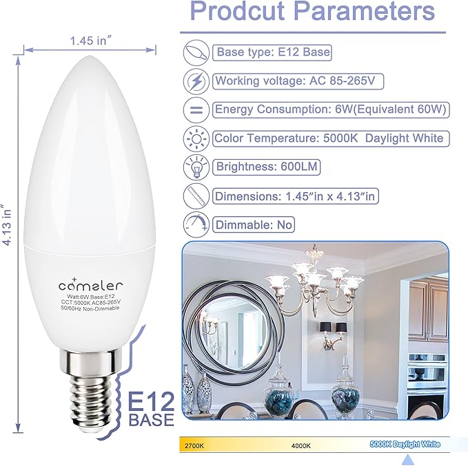 comzler E12 LED Bulb Candelabra Led Light Bulbs, 60W Equivalent, Daylight 5000k Ceiling Fan Light Bulbs 600LM, Type B Shape Chandelier Light Bulb, Non-Dimmable, 8-Pack