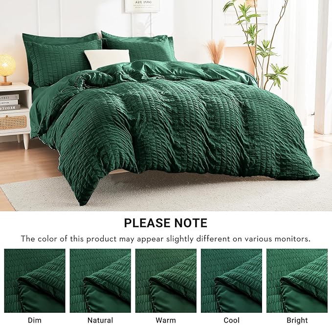 HYMOKEGE Emerald Green California King Comforter Set Seersucker 7 Pieces, All Season Luxury Bed in a Bag for Bedroom, Bedding Set with Comforter, Sheets, Pillowcases & Shams