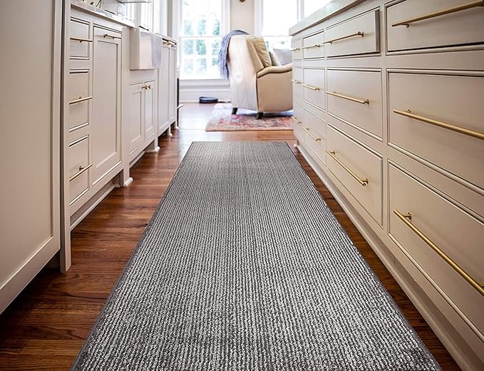 Custom Cut Non-Slip Hallway Runner Rug – 31" Wide, Modern Stripe Grey, 10 feet Long,Tailored Fit