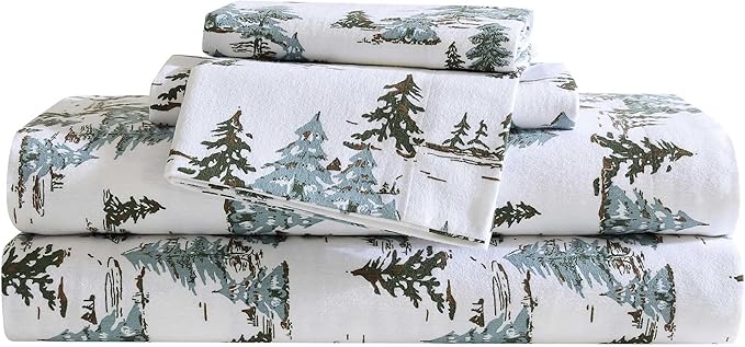 Eddie Bauer - Twin Sheets, Cotton Flannel Bedding Set, Brushed for Extra Softness, Cozy Home Decor, Oeko-Tex Certified (Snowy Pine Trees Green, Twin)