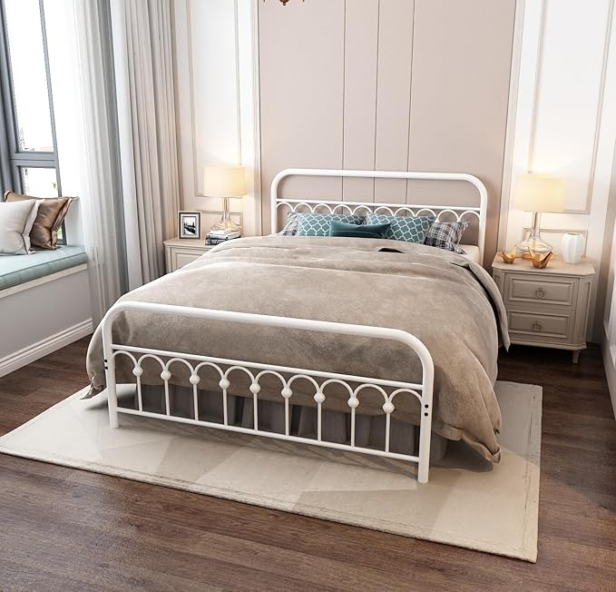 YALAXON Vintage Sturdy Queen Size Metal Bed Frame with Headboard and Footboard Basic Bed Frame No Box Spring Needed (Queen,White)