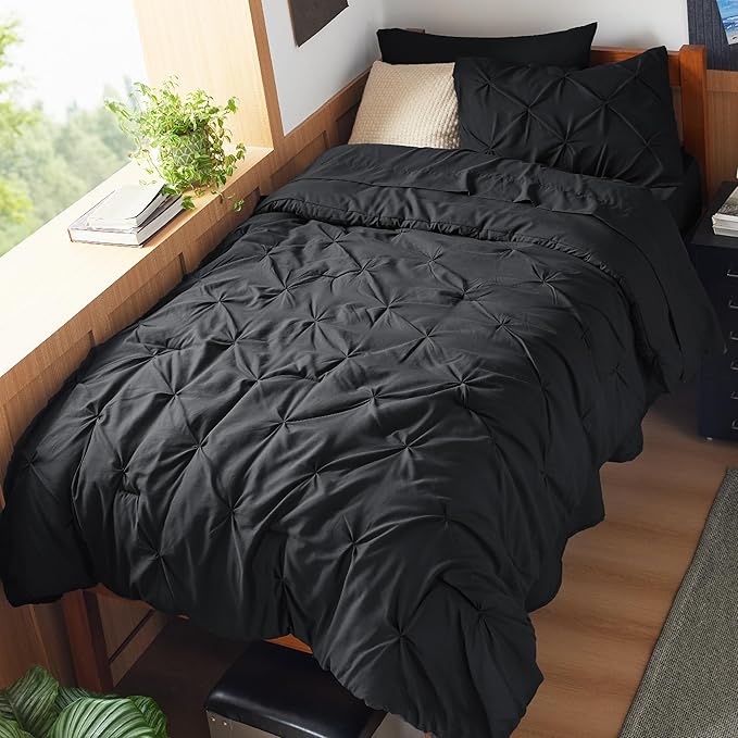 Bedsure Twin XL Comforter Set - Extra Long 5 Pieces Dorm Bedding Sets, GentleSoft™ Pinch Pleat Black Bed in a Bag with Pintuck Comforters, Sheets, Pillowcase & Sham