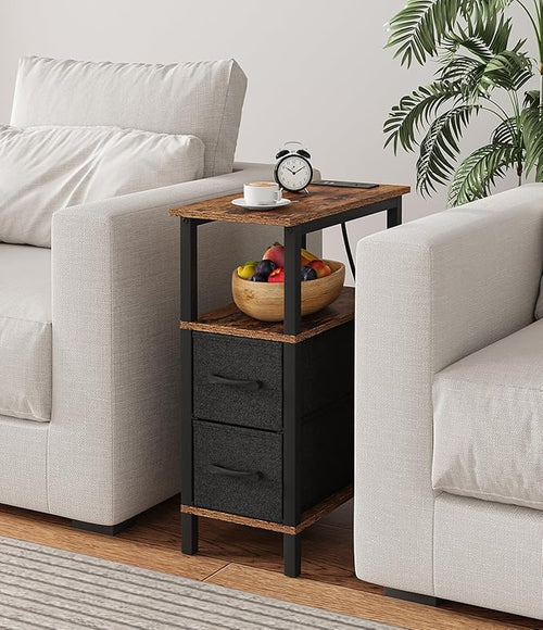 2 Set Narrow Side Table for Small Spaces, Skinny End Table with Charging Station, Sofa Beside Table with 2 Drawers 1 Open Compartment, Slim Nightstand with USB Ports Outlet, Rustic and Brown UTBT004F2