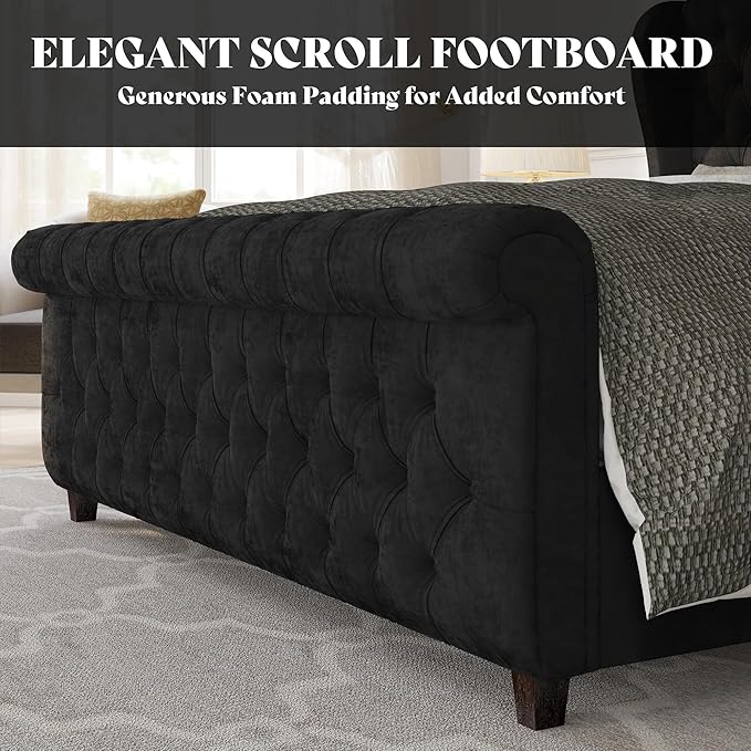 AMERLIFE California King Size Platform Bed Frame, Velvet Upholstered Sleigh Bed with Scroll Wingback Headboard & Footboard/Button Tufted/No Box Spring Required/Black
