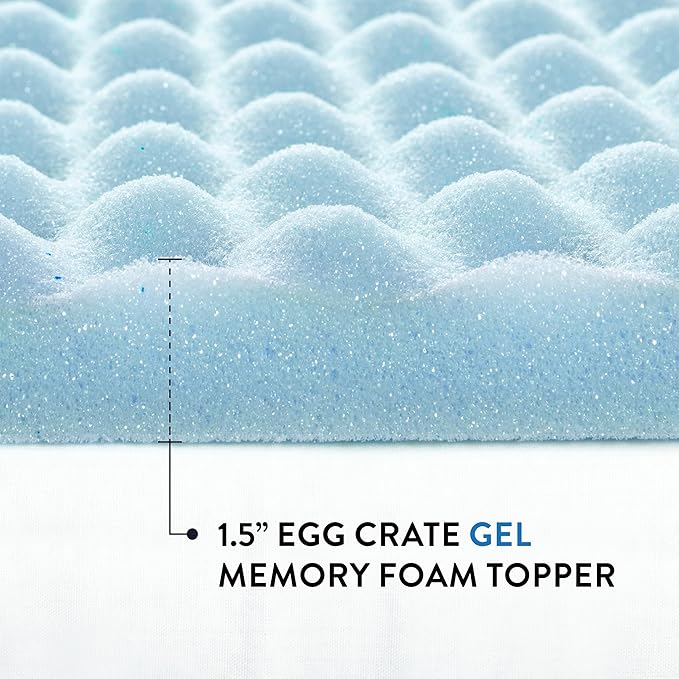 Best Price Mattress 1.5 Inch Egg Crate Memory Foam Mattress Topper, Cooling Gel Infusion, Twin, Dorm Essentials, Blue