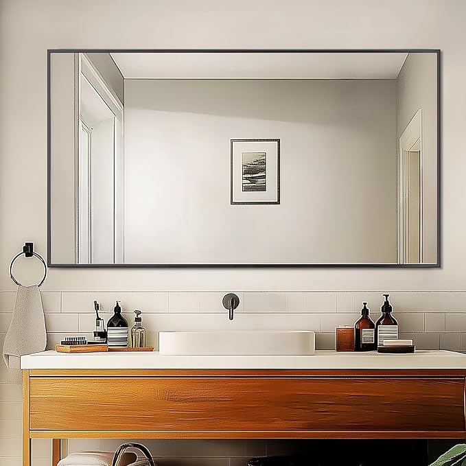 Antok Bathroom Mirror,55"x30" Wall Mirror, Decorative Mirrors Vanity Mirror Aluminum Alloy Frame Contemporary Hanging Mirror for Living Room Bathroom Entryway,Black,Rect Corner