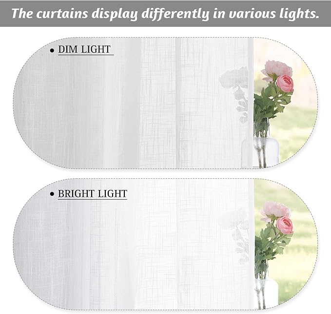 RYB HOME White Curtains Sheer - Linen Textured Wave Semi Sheer Farmhouse Window Curtain Set for Bedroom Living Room Office Diffuse Sunlight Furniture Protect, 52 x 90 inches, 1 Pair