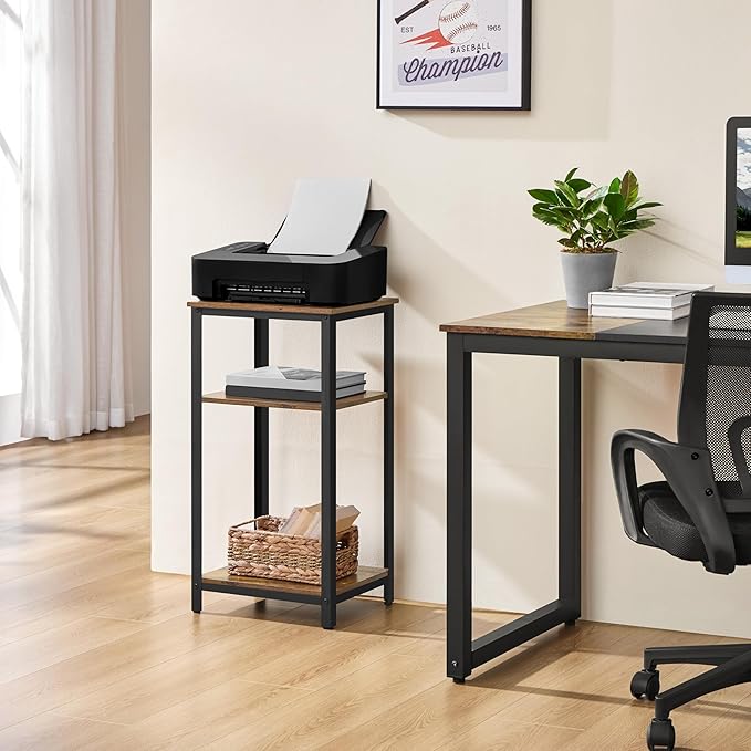 Yaheetech Tall End Table Set of 2, 16x12x29.5 inch Industrial Side Table with Strong Wooden Shelves, 2PCS Slim 3-Tier Telephone Table with Metal Frame for Living Room, Small Places - Rustic Brown