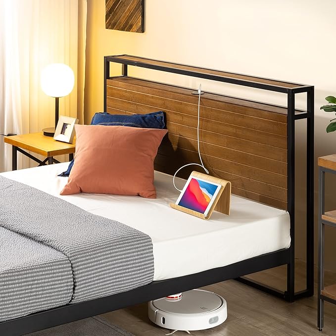 ZINUS Suzanne Bamboo and Metal Platform Bed Frame with Headboard Shelf and USB Ports, No Box Spring Needed, Wood Slat Support, Easy Assembly, King