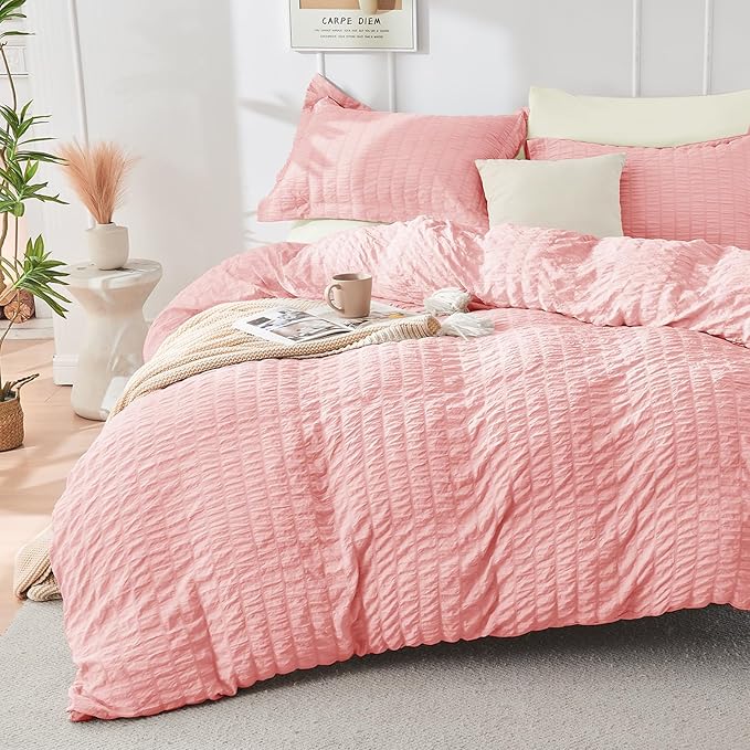 HYMOKEGE Pink/Ivory Twin Comforter Set Seersucker 5 Pieces, All Season Luxury Bed in a Bag for Bedroom, Bedding Set with Comforter, Sheets, Pillowcase & Sham
