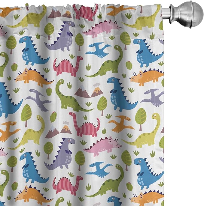 Ambesonne Dino Window Curtains, Cartoon Style Colorful Dinosaurs T-Rex Triceratops Prehistoric Reptile Wildlife, Lightweight Decor 2-Panel Set with Rod Pocket, Pair of - 28" x 84", Blue Green