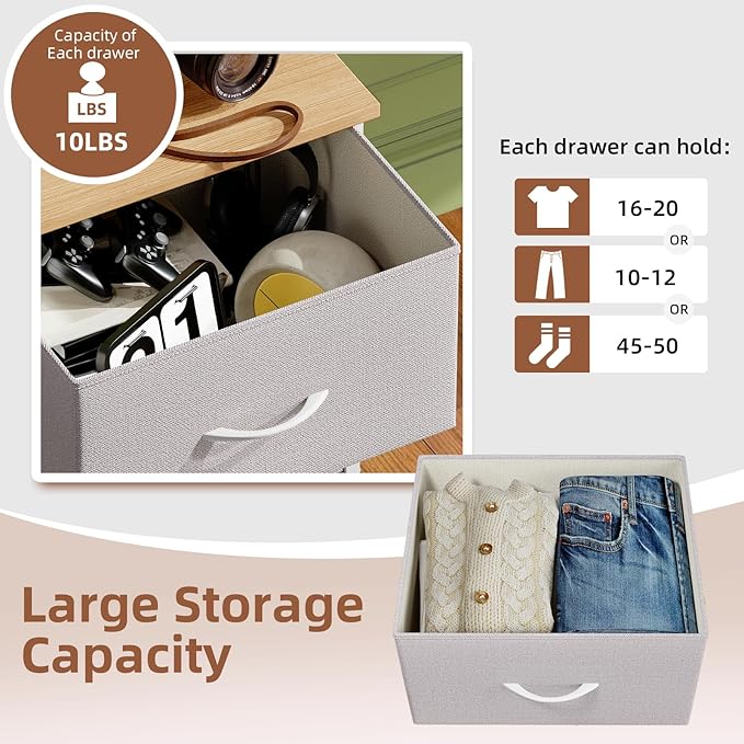Somdot Dresser for Bedroom with 5 Drawers, Storage Organizer Chest of Drawers with Removable Fabric Bins for Closet Bedside Living Room Laundry Entryway Hallway, Ash Grey