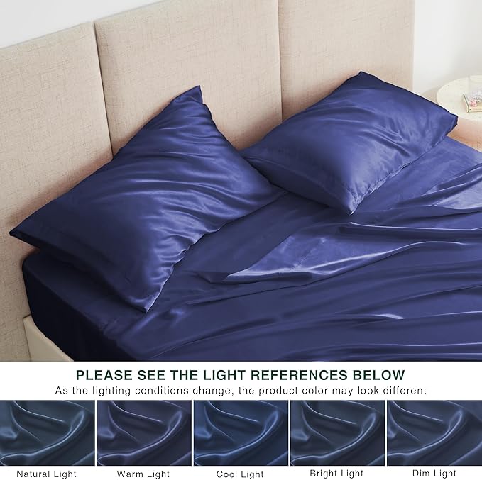 Love's cabin Satin King Sheet Sets - 4 Piece Navy Blue Silky Sheets King Size Bed with Deep Pocket, Luxury Silk Feel King Size Satin Sheet Set (1 Flat Sheet,1 Fitted Sheet,2 Pillow Cases)