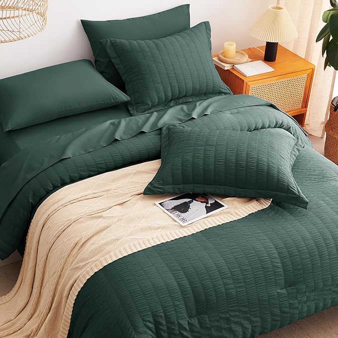 CozyLux King Size Comforter Set Forest Green Seersucker 7 Pieces Bed in a Bag King Comforter Set with Sheets, Luxury Bedding Set with Down Alternative Comforter, Sheets, Pillowcases & Shams All Season
