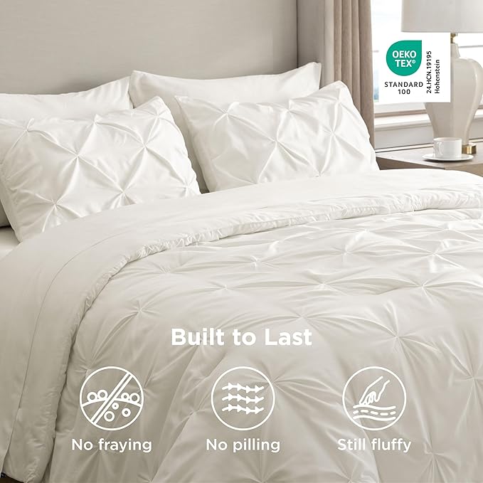 Bedsure Twin Comforter Set Ivory - Bed in a Bag Twin Size Bedding 5 Pieces, GentleSoft™ Pintuck Bed Set Gift for Family, Pinch Pleat Ivory Comforter with Sheets, Pillowcase & Sham