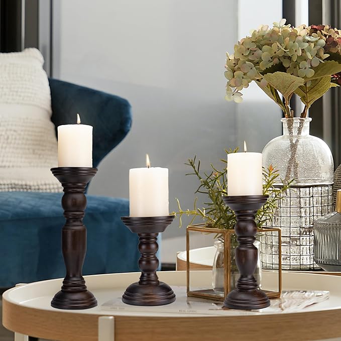 Rustic Wooden Pillar Candle Holders Set of 3, 12'' 9'' 6'' Farmhouse Wood Candle Stand for Table Centerpieces, Vintage Tall Candleholders Fireplace Mantel Decor for Living Room, Dark Brown