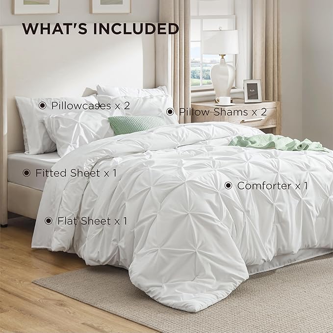 Bedsure King Size Comforter Set White - Bed in a Bag Bedding Set 7 Pieces, GentleSoft™ Pintuck Bed Set Gift for Family, Pinch Pleat White Comforter with Sheets, Pillowcases & Shams