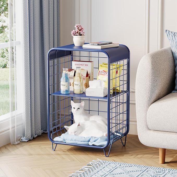 APEXCHASER Cute Nightstand,Metal Side Table,3-Tier Modern End Table with Storage Shelf, Unique Side Tables, Cute Coffee Table for Living Room, Small Table for Bedroom,Navy Blue