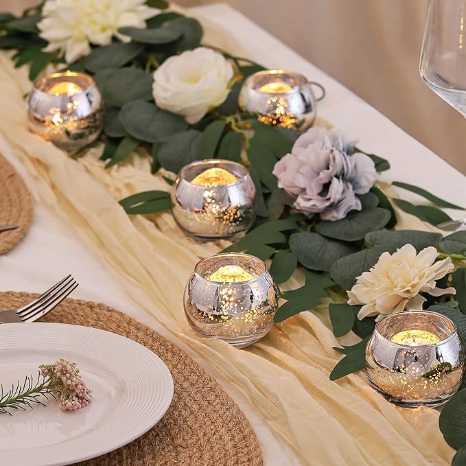 Volens 24PCS Silver Votive Candle Holders for Table Centerpieces, Round Mercury Glass Candle Holders Bulk for Wedding Reception, Birthday, Parties, and Home Decorations