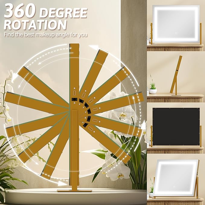Vanity Mirror with Lights 22"x18", Lighted Makeup Mirror with 10X Magnification, Smart Touch 3 Colors Dimmable, 360° Rotation, Women Gift, Dresser Mount, Bathroom (Gold)