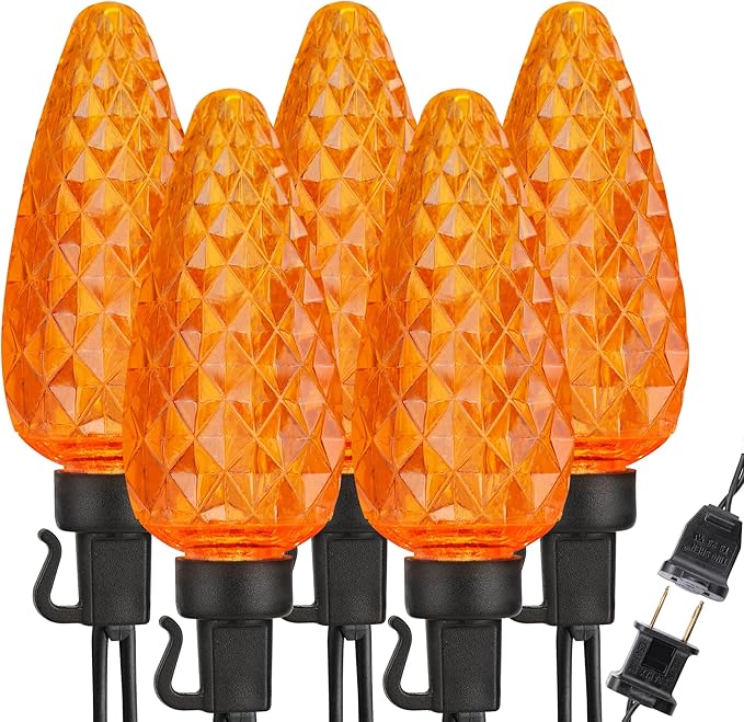 Brizled C9 Orange Lights, 16ft 25 LED Halloween Lights Connectable, UL Certified Orange Light String, Outdoor Lighting Black Wire for Halloween Thanksgiving Tree Patio Garden Party