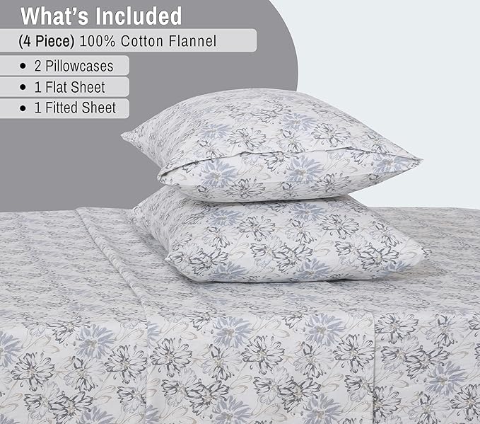 RUVANTI Flannel Sheets Full Size - 100% Cotton Double Brushed Bed Sheets Set, Deep Pockets 16 Inches, All Seasons Breathable & Extra Soft Full Sheets, Warm & Cozy, 4 Piece, Pacific