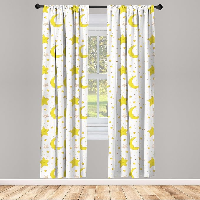 Ambesonne Yellow and White Curtains, Sleeping Crescent Moon and Stars Pattern Night Time Cartoon Illustration, Window Treatments 2 Panel Set for Living Room Bedroom, Pair of - 28" x 63", Pale Yellow