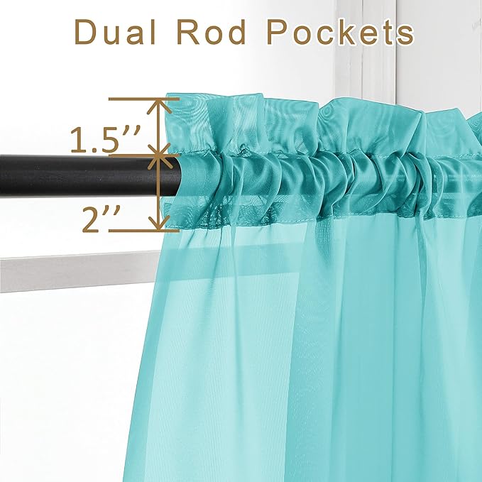 Chyhomenyc Turquoise Sheer Curtains 63 Inch Length 2 Panels, Light Filtering Airy Rod Pocket Window Curtain Treatment Drapes for Bedroom Living, Each 42Wx63L Inches